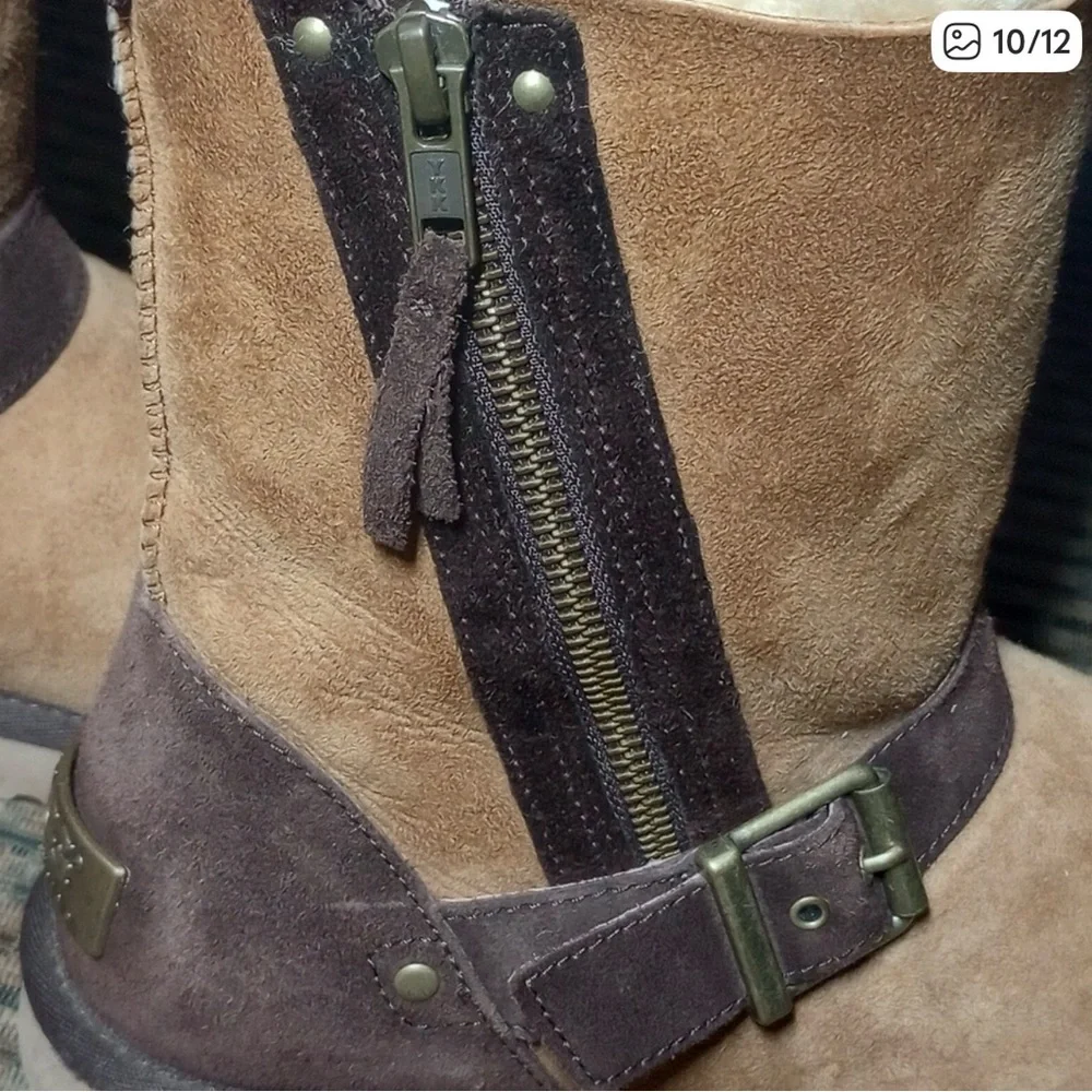 UGG Chestnut & Chocolate Shearling Brown Suede Women's Boots 8 Zip Buckle